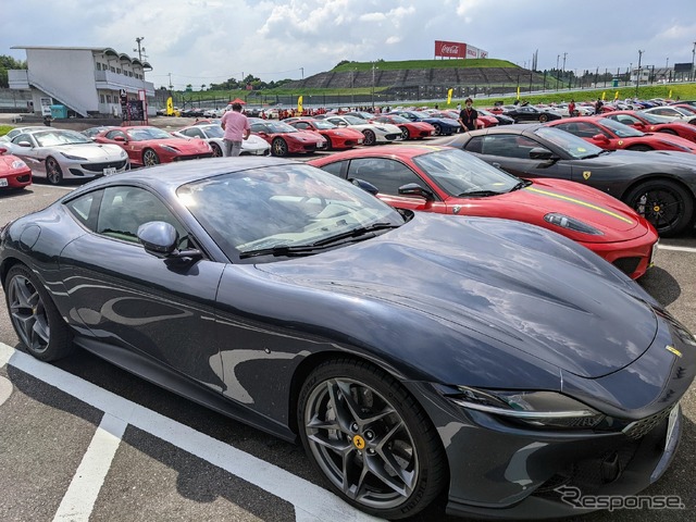 駐車場に詰めかけたオーナーたちのフェラーリの列