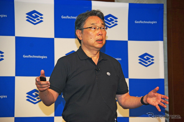 ジオテクノロジーズの杉原博茂取締役社長CEO(7月8日、ジオテクノロジーズ経営戦略発表会)