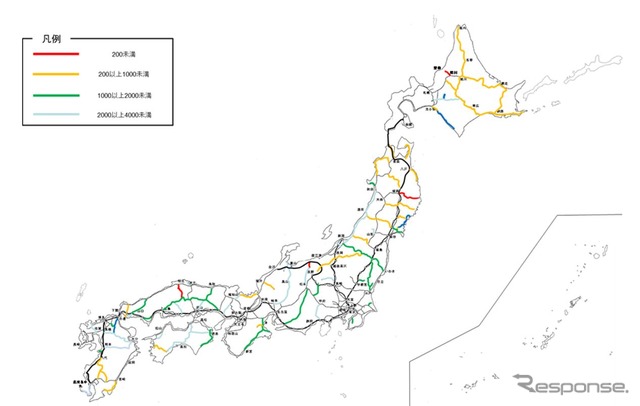 2019年度におけるJR線の輸送密度実績。北海道では東部と北部がほぼ1000人未満だが、JR北海道の綿貫泰之社長は、宗谷本線や石北本線などの黄色線区について、廃止を念頭にしていないと発言しているという。