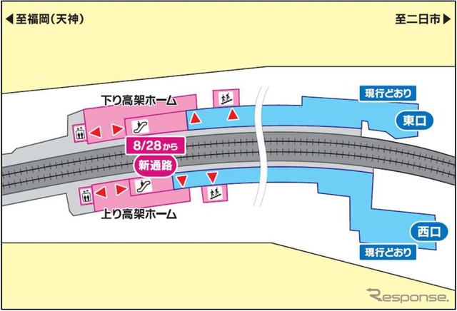 ホームが高架へ移る雑餉隈駅。