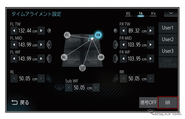 「タイムアライメント」の設定画面の一例(三菱電機・ダイヤトーンサウンドナビ)。