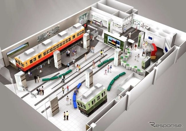 「SANZEN-HIROBA」での5551号(手前)展示イメージ。奥はオープン時から展示されているかつての「テレビカー」旧3000系。