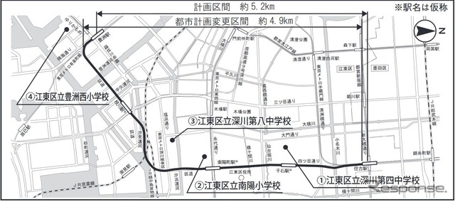 「豊住線」の詳細なルート。マル数字は説明会が開かれる会場。