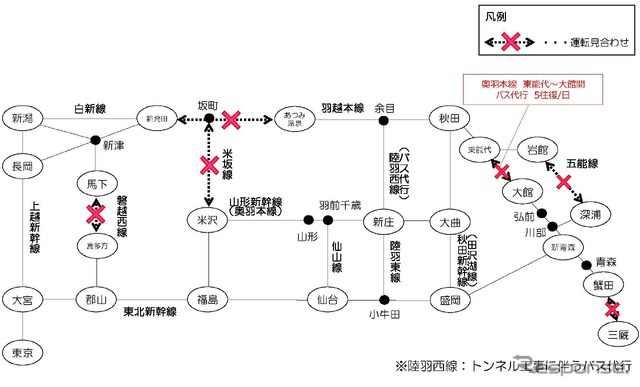 8月5日13時時点のJR東日本運休状況。羽越本線や奥羽本線、盛岡以北のIGRいわて銀河鉄道が一部不通となっているため、東北や北海道への貨物列車は迂回路を失っている。