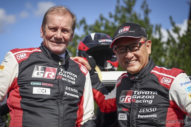 世界ラリー選手権(WRC)第9戦(ベルギー)で水素エンジン車「GRヤリス」でデモ走行したユハ・カンクネン(Juha ankkunen)氏とモリゾウ