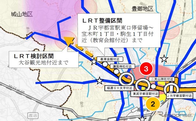 検討されている宇都宮駅西側のLRT路線。