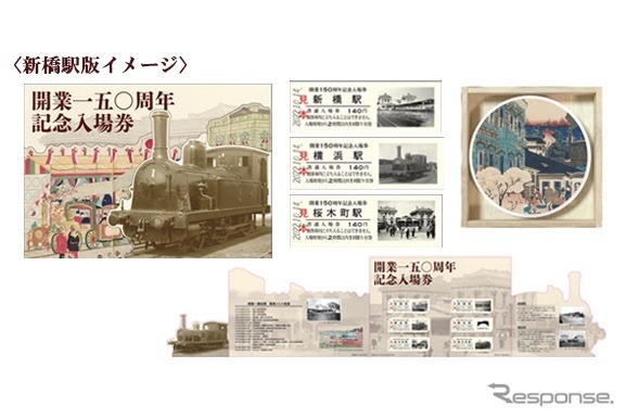 鉄道黎明期の写真が入った鉄道開業150周年記念入場券のデザイン。台紙の見開きが蒸気機関車の形となる。明治期の鉄道にまつわる錦絵をプリントした記念豆皿が付く。