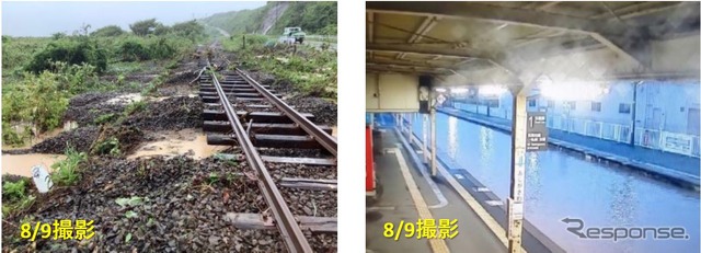 盛土・道床が流出した五能線風合瀬(かそせ)~大戸瀬(おおどせ)間(左)、構内が浸水した五能線鯵ヶ沢駅(右)の状況。