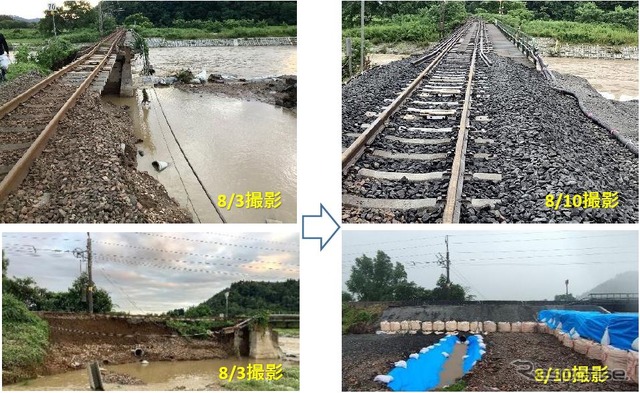 盛土・道床が流出し、8月12日に再開した奥羽本線下川沿~大館間の復旧状況。