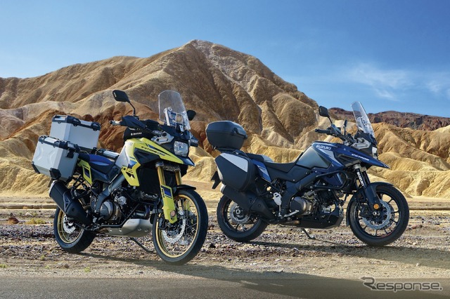 Vストローム1050DE 用品装着車(黄)とVストローム1050(青)