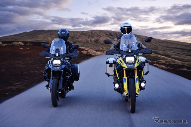 Vストローム1050DE 用品装着車(黄)とVストローム1050(青)