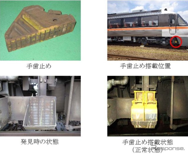 JR東海キハ85系特急型気動車に搭載されている「手歯止め」。2018年に落失トラブルを起こしていた時の状況。