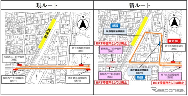 長居ルートの変更箇所。JR長居駅前を経由する新ルートは現ルートの北側を迂回する形となる。なお廃止される現ルートの3停留場については、一般路線バスの停留場は存置される。