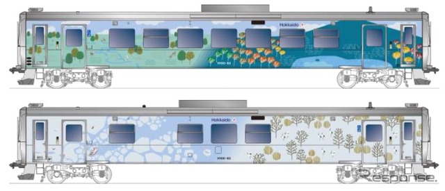 H100-82に施される釧網本線のラッピング。釧路湿原やタンチョウ、摩周湖、流氷をイメージ。