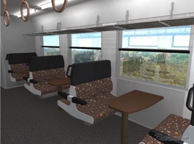 北海道の自然を感じ取れる雰囲気にした観光仕様のH100形の車内。座席の生地を北海道の自然や風景をモチーフとし、センターテーブルには北海道産のタモ材を使用。吊り手も木製となる。