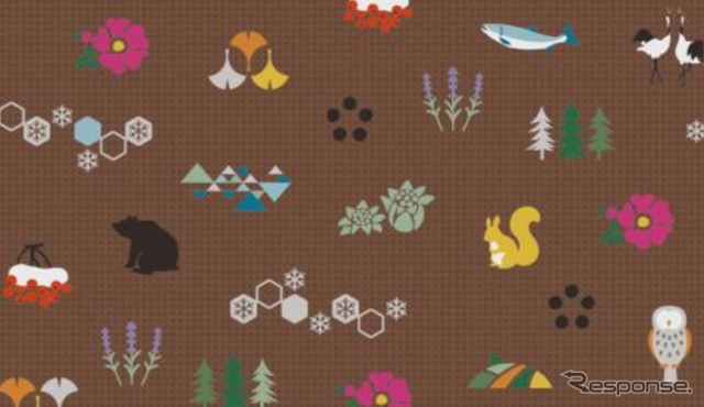 タンチョウやヒグマ、エゾリス、エゾマツなどのイメージを散りばめた座席の生地。