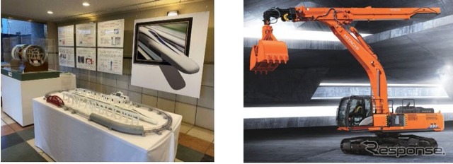 当日はJR東海の「出張さがみはらリニアブース」（左）でL0系リニア車両の模型展示やリニア中央新幹線に関する各種展示が行なわれる。また、工事施工会社では大型重機の展示（右）を行なう。