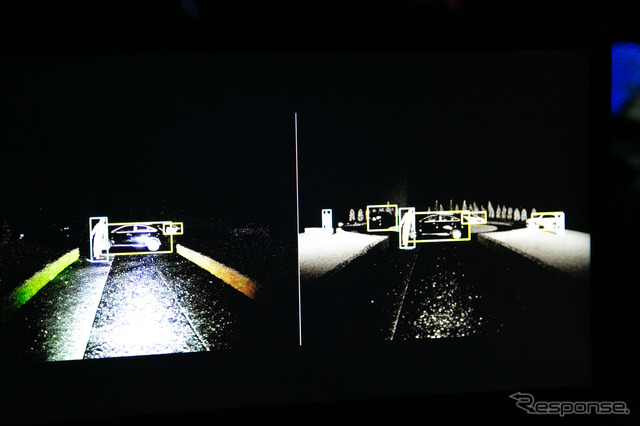 可視光画像(画像左)と、フュージョン認識AI技術を用いた画面(画像右)