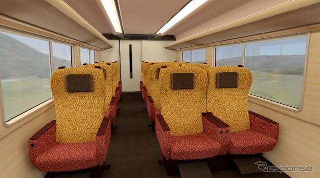 山陰の文化・風土を演出するグリーン車のインテリア。明るく空間の広がりを感じられる黄色をベースに、富と長寿の象徴とされる亀の甲羅をイメージした「積石亀甲」模様をあしらう。