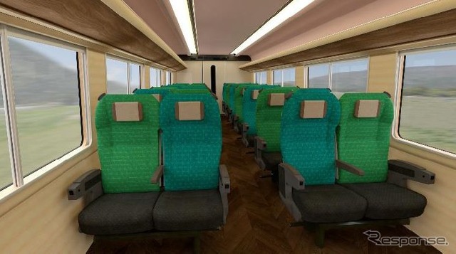 沿線の自然・風土を演出する普通車のインテリア。沿線の山々をイメージした緑色をベースに、神事に用いられ魔除けの意味も持つ「麻の葉」模様をあしらう。