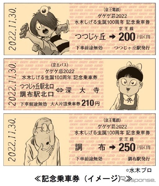 「ゲゲゲ忌2022水木しげる生誕100周年記念乗車券」。記念乗車券は京王バスの切符がセットとなっている。