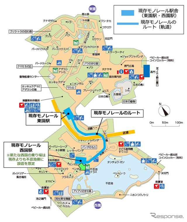 現存の上野動物園モノレールのルート