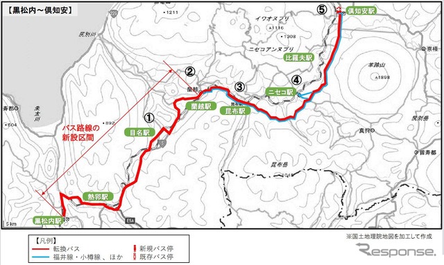 黒松内～蘭越間の新設バス路線案。