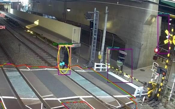 「踏切滞留AI監視システム」の検知イメージ。