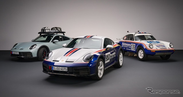 左からポルシェ 911 ダカール、同ラリーデザインパッケージ、911カレラ 3.2 4×4 パリ-ダカール (1984)
