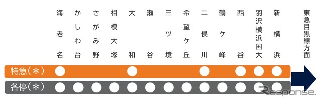 相鉄本線からは特急と各駅停車が朝通勤時間帯の一部を除いて東急目黒線へ乗り入れる（東急線内は急行）。