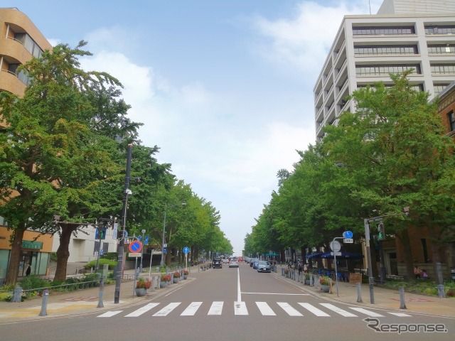 運行コースの日本大通り。写真右手の茶色の建物が発着停留所のTHE BAYS