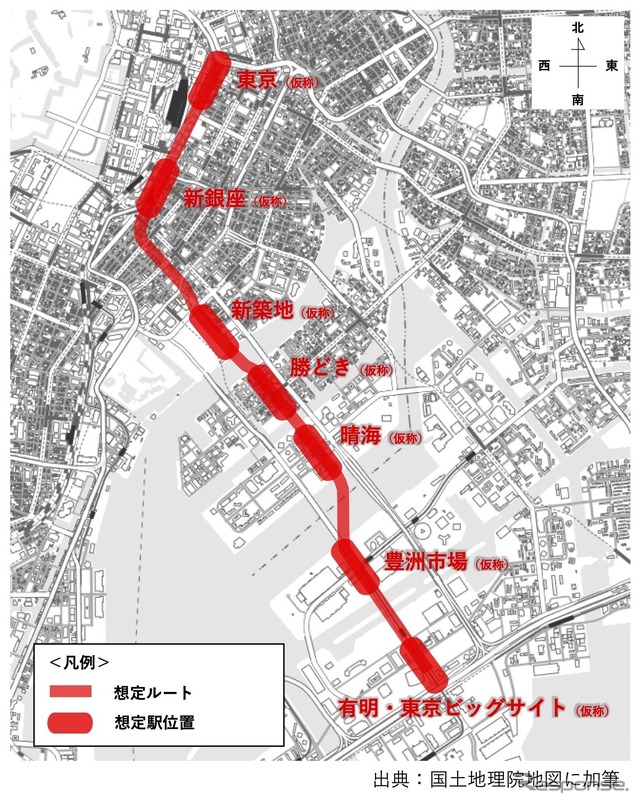 「都心部・臨海地域地下鉄」のルート案。臨海部の背骨にあたる路線とされている。