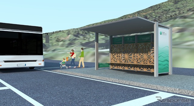 待合ブースとバスを組み合わせたイメージ。モデルは彦山駅。