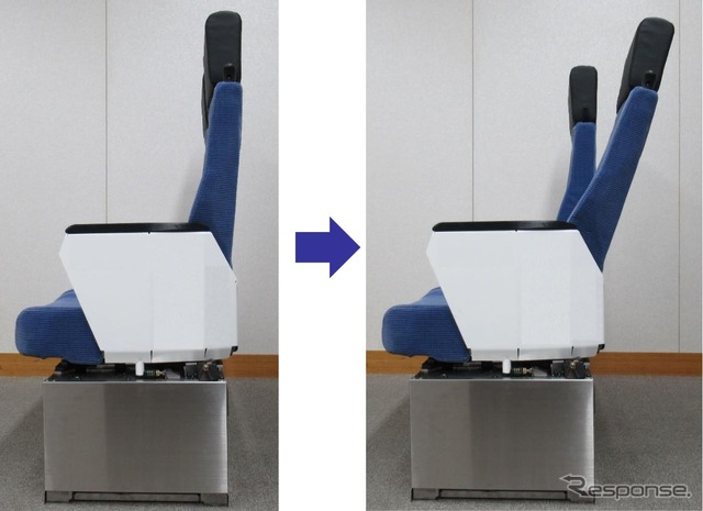 サイドから見た開発段階の5000系増備車のリクライニングシート。傾斜角度はJR東日本の普通列車グリーン車と同等か？