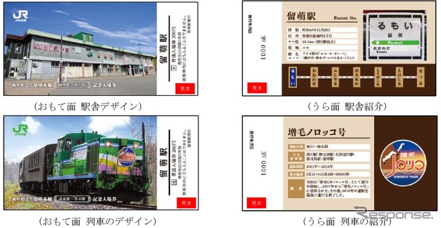 表面は駅舎や留萌本線を走った列車の写真、裏面は駅舎や列車の紹介が入った入場券部分。