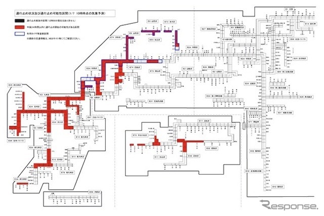 大雪予想時におけるウェブサイト広報:24時間以内に通行止めのある区間をMAP表示(イメージ)