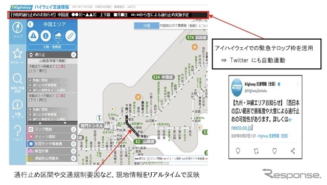 アイハイウェイ画面上部のテロップ枠に注目すべき情報を掲載