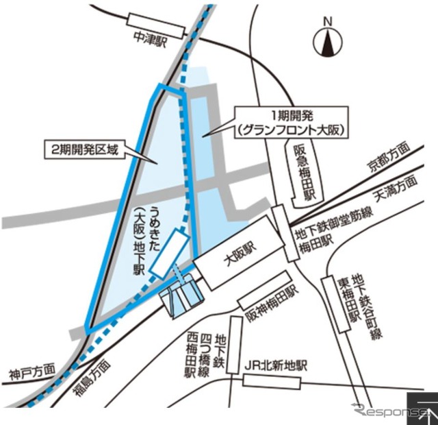 地下となる「うめきた新駅」の位置。