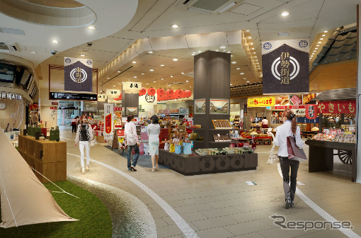 全国から人や品が集まる賑わい市場をイメージした大津SA(下り)のショッピングコーナー「大津楽市」