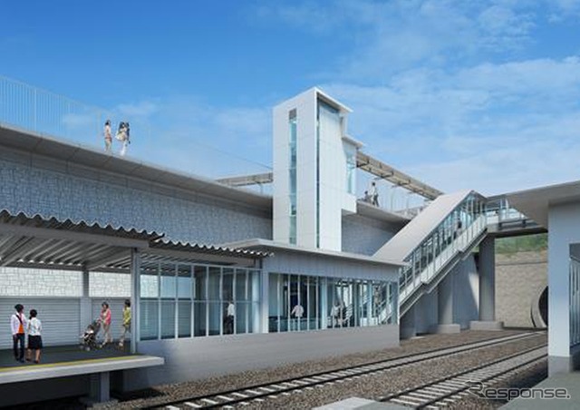 加木屋中ノ池駅の北口駅舎イメージ。構内は6両編成対応の相対式ホーム2面2線で、自動改札機・券売機、インターホンなどを設置。駅集中管理システムも導入される。改札は南北に分かれるが、南改札口は2024年度に設けられる予定。