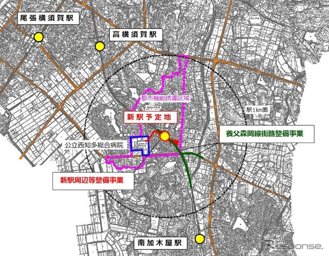 加木屋中ノ池駅の位置。所在地は愛知県東海市加木屋町唐畑46番地2で、高横須賀駅、南加木屋駅双方から1.4kmの地点に位置する。