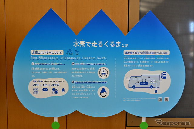 「地球を笑顔にするくるま」コースターベースのFCEV車両や水素の仕組みのパネル