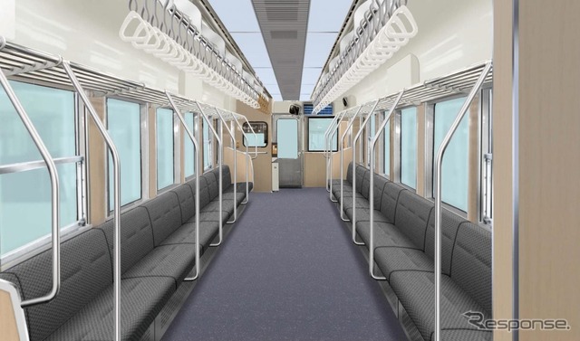 車内のイメージ。壁や天井は木目調で、阿蘇の雄大な景色を楽しめるよう開放感を演出。定員は115人。