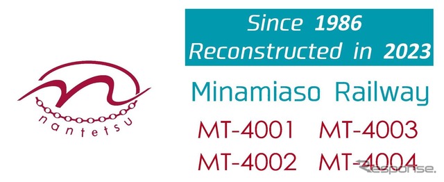 MT-4000形のロゴ。全体的にゴシック体で柔らかさや穏やかさを表現。左の楕円中心にある「n」は南阿蘇鉄道の略称「南鉄」と阿蘇五山を囲む外輪山をあしらったもの。楕円下の数珠状のデザインは南阿蘇鉄道にある10駅を表現している。「Reconstructed in 2023」は熊本地震からの「復興」を意味する。