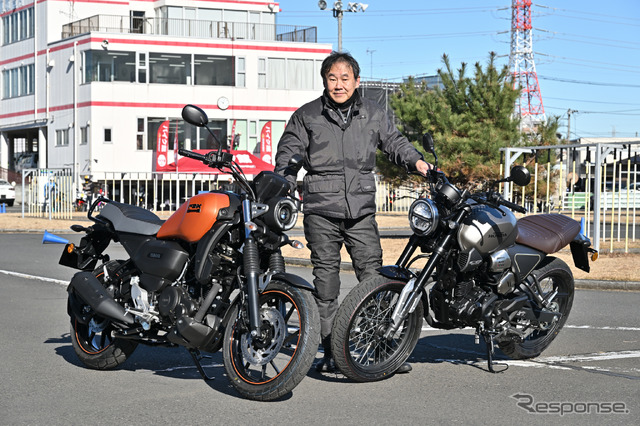 森口将之氏とヤマハ FZ-X(左)、ホンダ CB190SS(右)