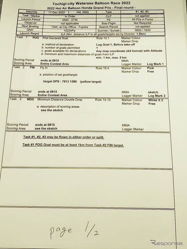 熱気球ホンダグランプリ2022最終戦、渡良瀬バルーンレース2日目朝のタスクシート1枚目。PDG、FIN、MDDの3種目(種目の詳細は本文参照)は午前8時15分にターゲットクローズタイムが設定されていた。