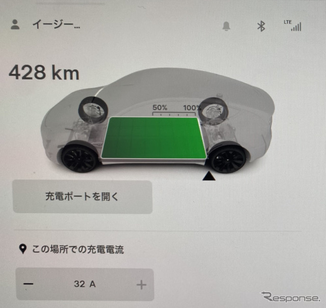 筆者の『モデルY』。いまは100％で航続距離が428kmと表示されている