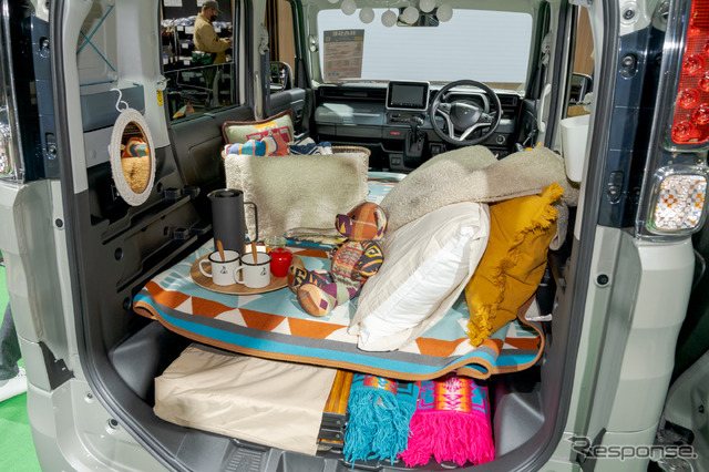 車中泊仕様だが、クッションや毛布などのアイテムはメンバーが選んだもの。