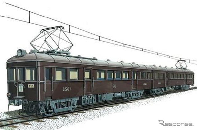 昭和初期生まれの電車としては珍しい幅約1mの側窓を持つ武蔵野鉄道デハ5560形のイメージ。車内は観光輸送を意識して一部がクロスシートとなっており、西武鉄道へ移行後も1959年まで運用された