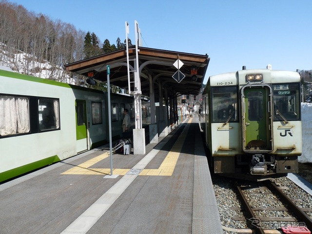 飯山線の森宮野原駅。同駅を含む戸狩野沢温泉～越後川口間は1月24日15時以降に終日運休する。